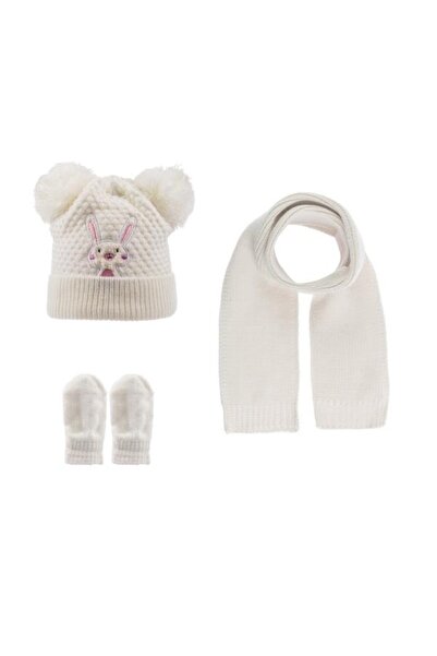 Kitti Atkı Bere Eldiven 0-18 Aylık 3'lü Takım Kız Bebek Beyaz