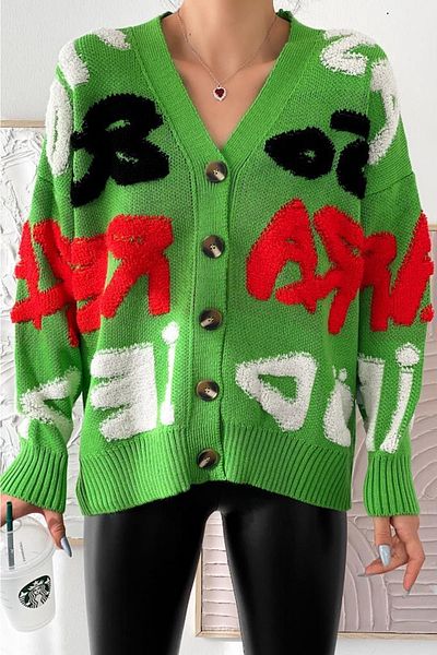 FEMELLE Cardigan de tricotaj verde fistic cu nasturi cu model
