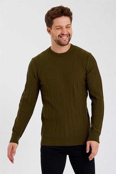 COOL TARZ Men's Khaki Striped Round Neck Knitted Thin Knitwear-trz1926r04s