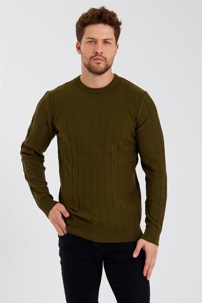 COOL TARZ Men's Khaki Striped Round Neck Knitted Thin Knitwear-trz1926r04s