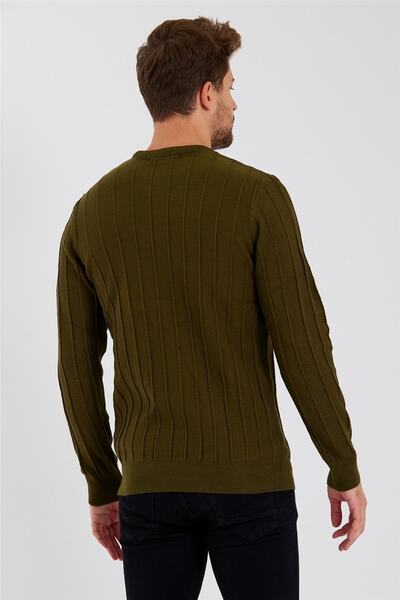 COOL TARZ Men's Khaki Striped Round Neck Knitted Thin Knitwear-trz1926r04s