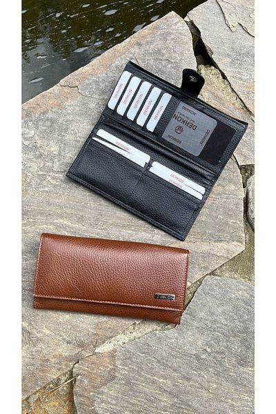 DERKON Mothers Love Genuine Leather Black Women's Wallet with Placket on the Back and Plenty of Card Holders