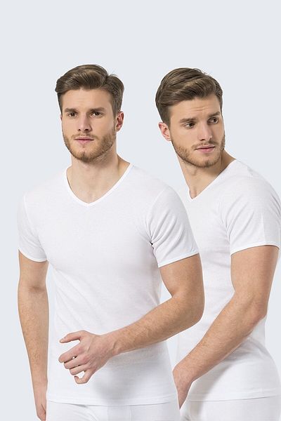 TÜREN Πακέτο 2, 100% βαμβάκι, ύφασμα Rib / Camisole, κοντό μανίκι, λαιμόκοψη V, ανδρικό μπλουζάκι & εσώρουχο λευκό