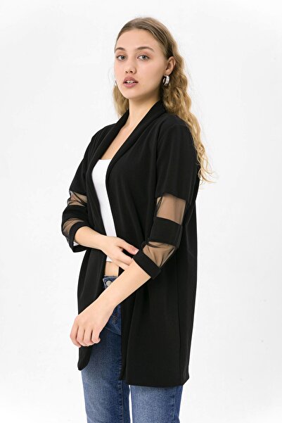 EtkiModa Kadın Siyah Kolları Tüllü Yarım Kollu Ceket