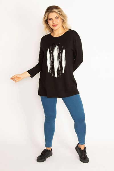 Şans Women's Large Size Black Stone and Print Detailed Blouse 65n34713
