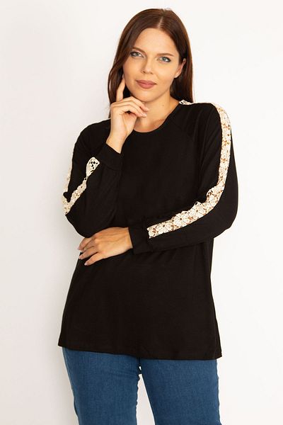 Şans Women's Large Size Black Lace Detailed Blouse 65n34646