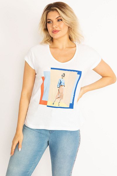 Şans Women's Large Size White Cotton Fabric Front Printed V-Neck Blouse 65n34719
