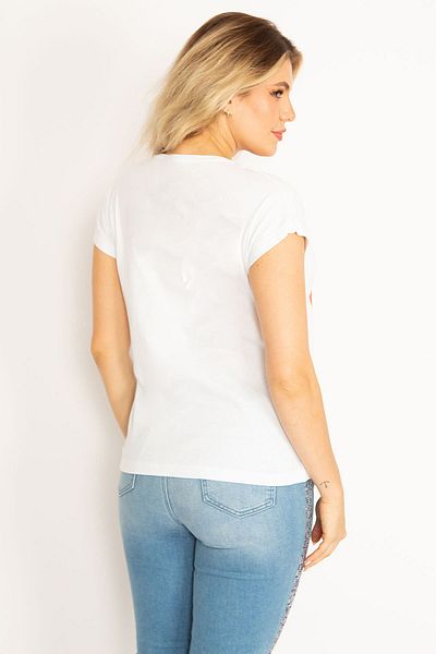 Şans Women's Large Size White Cotton Fabric Front Printed V-Neck Blouse 65n34719