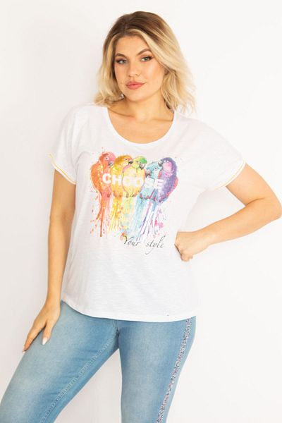 Şans Women's Plus Size White Front Printed Sleeves Ribbed Blouse 65n34715