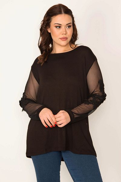 Şans Women's Large Size Black V-Neck Blouse with Tulle and Lace Detailed Sleeves 65n34692