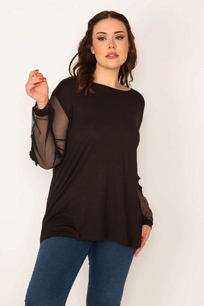 Şans Women's Large Size Black V-Neck Blouse with Tulle and Lace Detailed Sleeves 65n34692