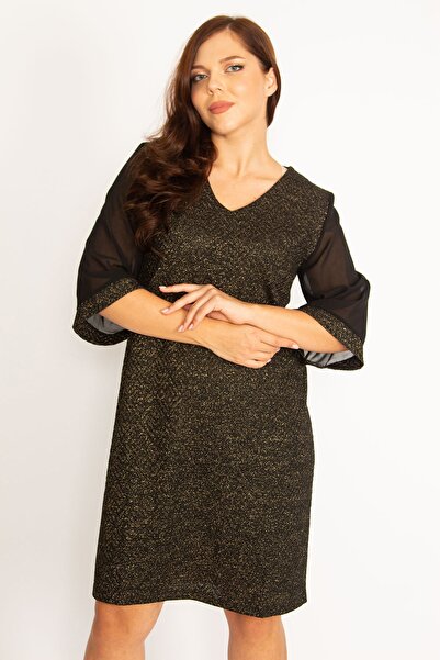 Şans Kadın Büyük Beden Siyah Sim Detaylı Kolları Şifon Elbise 65n34746