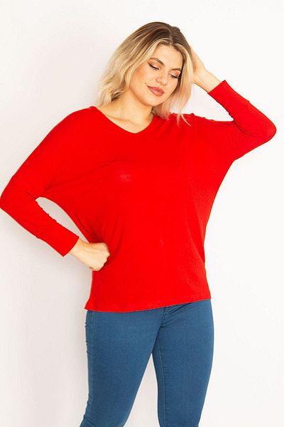Şans Women's Large Size Red V-Neck Bat Sleeve Blouse 65n34684