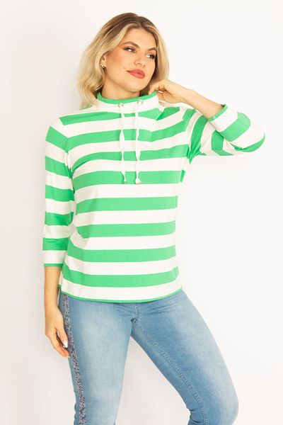 Şans Women's Large Size Green Collar Eyelet Lace Striped Blouse 65n34689