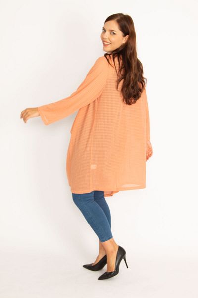 Şans Women's Large Size Orange Loose Collar Cardigan 65n34778