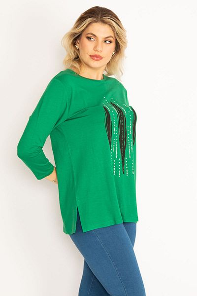 Şans Women's Large Size Green Stone and Print Detailed Blouse 65n34713