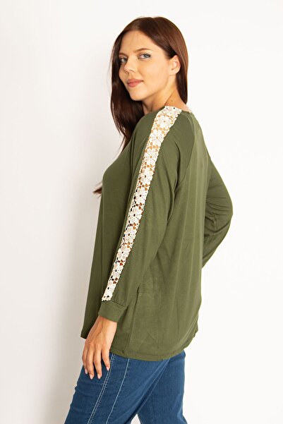 Şans Women's Large Size Khaki Lace Detailed Blouse 65n34646
