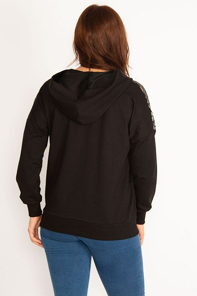 Şans Women's Large Size Black Robe Lacquer Mesh Hooded Sweatshirt 65n34747