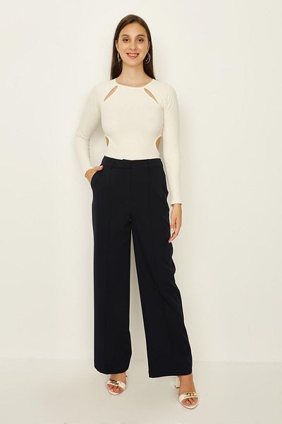 Select Moda Women's Navy Blue Ribbed Stitched Wide Leg Trousers