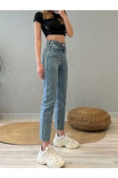 Ramrod Blugi mom subțiri cu talie înaltă din Lycra albastră