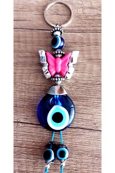 Mixperi Pink Butterfly Keychain with Evil Eye Beads