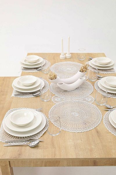 Çt Çeyizci Tekstil Dining Table Cloth Runner And Plate - 1 Runner-6 Plate Ecru