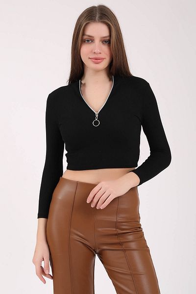 KİM Kİ O Women's Black Front Zippered Camisole Crop