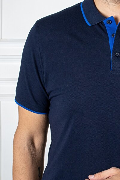 San&Fa Μπλουζάκι με γιακά Polo με κουμπί Navy Blue
