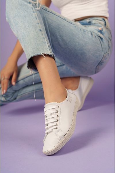 PASSAGE SHOES 4018 Pantofi casual de damă din piele albă cu șireturi