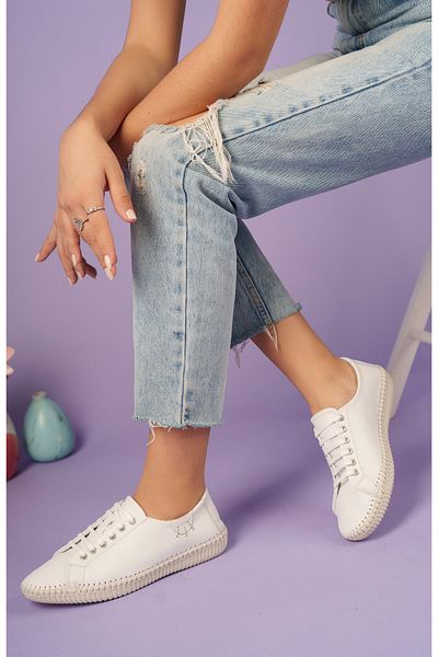 PASSAGE SHOES 4018 Pantofi casual de damă din piele albă cu șireturi