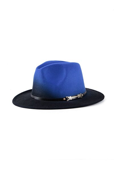 Kapin Saks Siyah Degrade Çift Renk Deri Kuşak Detaylı Fötr Şapka