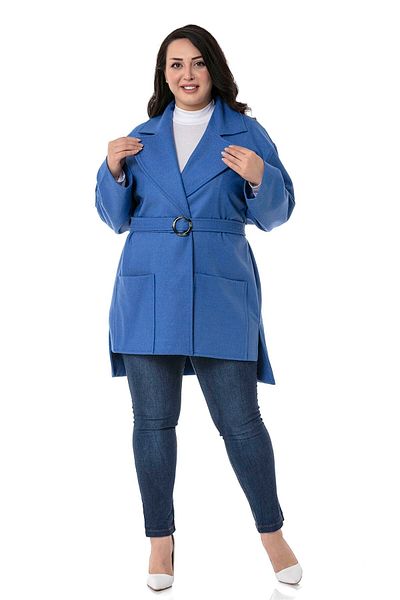 DISENTIS MODEST Plus Size Mono Collar Long Back Bag Pocket Belt Unlined Indigo Coat