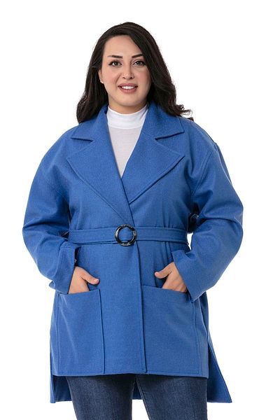 DISENTIS MODEST Plus Size Mono Collar Long Back Bag Pocket Belt Unlined Indigo Coat
