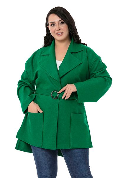DISENTIS MODEST Plus Size Mono Collar Long Back Bag Pocket Belt Unlined Green Coat