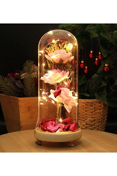 HEDİYEBİZİZ Premium Solmayan Gül Işıklı Cam Fanus Ahşap Standlı Toz Pembe Meg...