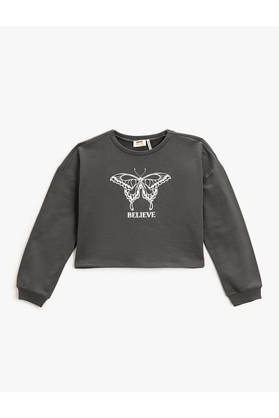 Koton Crop Sweatshirt Printed Crew Neck