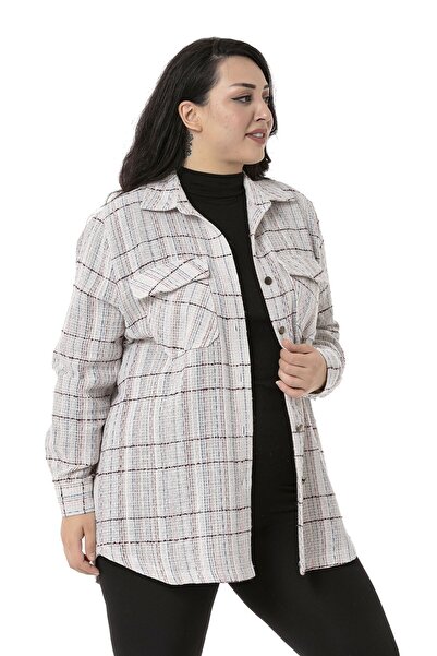 DISENTIS MODEST Büyük Beden Kapaklı Cepli Manşetli Ekru Pembe Gömlek