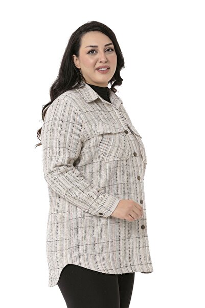 DISENTIS MODEST Large Size Covered Pocket Cuffed Ecru Khaki Shirt