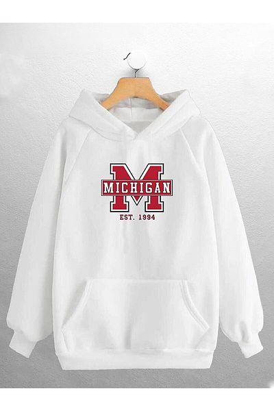 NewCabin Νέα σεζόν Unisex Michigan με στάμπα λευκό καγκουρό με κουκούλα