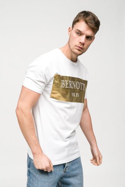 Sıfır Yaka Beyaz Roma Baskılı Erkek T-Shirt
