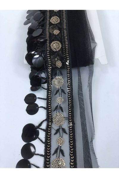 Hobigram Black Sequin Flower Detailed Embroidered Ribbon – Special Design, Accessory, Quality Production, Eye-Catching Style