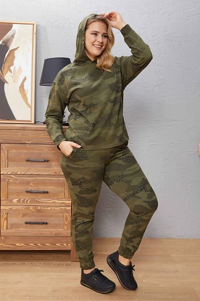 Seamoda Camouflage Printed Glitter Detailed Large Size Women's Sweatshirt - Khaki
