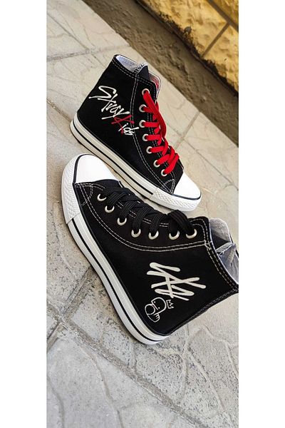 MECH BUTİK Pantofi sport unisex, casual, pentru femei și bărbați, negru, înalt, Straykids, pictați manual, din in, pantofi sport