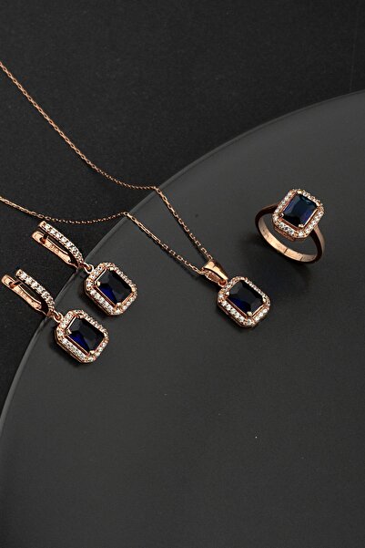 Miavi Silver 925 Ayar Gümüş Safir Renk Baget Taşlı Set