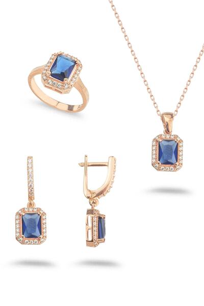 Miavi Silver 925 Ayar Gümüş Safir Renk Baget Taşlı Set