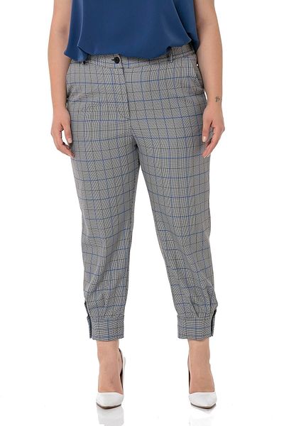 DISENTIS MODEST Large Size Black Blue Checkered Trousers with Leg Detail and Elastic Waist Back