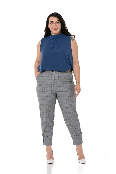 DISENTIS MODEST Large Size Black Blue Checkered Trousers with Leg Detail and Elastic Waist Back