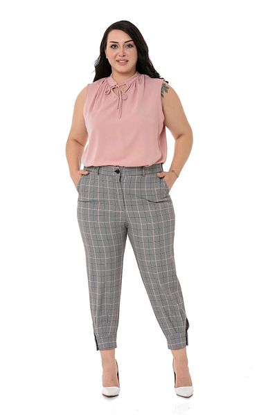 DISENTIS MODEST Large Size Black Pink Checkered Trousers with Leg Detail and Elastic Waist Back
