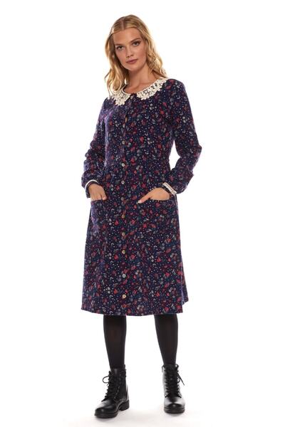 Newbutix Lacivert Uzun Kol Pazen Yakalı Çiçek Desen Elbise
