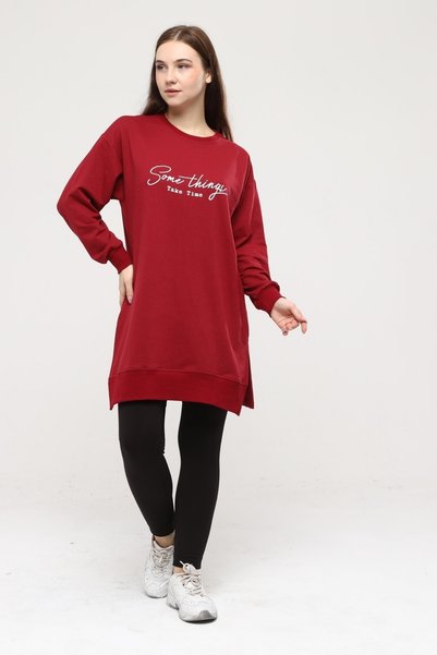 Birol Triko Women's Burgundy Slogan Tunic